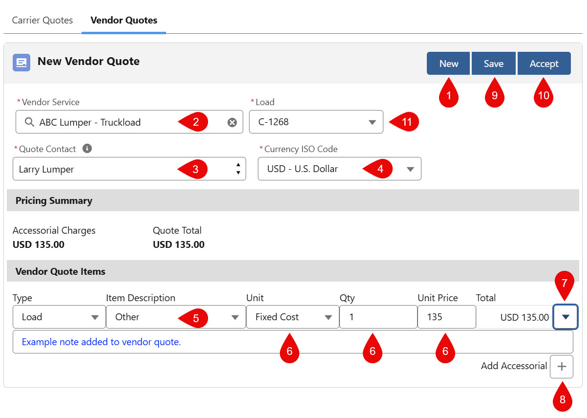 Vendor Quote builder component indicated the location of each field.